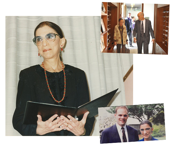Top & Bottom: Justice Ginsburg with Judge John B. Owens (Clerk, 1997/1998). Center: 1995: Justice Ginsburg is presented with Columbia Law School’s highest honor, the Medal for Excellence, which has been awarded annually since 1964 to alumni and past or present faculty members who exemplify the qualities of character, intellect, and social and professional responsibility that the Law School seeks to instill in its students. Courtesy Columbia Law School.